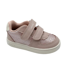 Load image into Gallery viewer, A Geox toddler sneaker in a dusty rose pink color, featuring two hook-and-loop straps and a white sole, photographed on a light gray studio background.