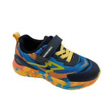 Load image into Gallery viewer, A kids' athletic sneaker with a black base and a vibrant blue, yellow, and orange abstract pattern. It features a black hook-and-loop strap across the instep with 'BORN TO RUN' printed on it, yellow laces, and a matching patterned sole.