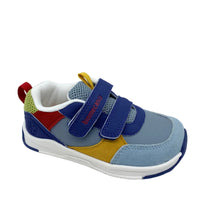 Load image into Gallery viewer, A toddler's color-blocked sneaker with blue, gray, yellow, red, and white panels, featuring two blue hook-and-loop straps with 'BUNNIES' printed in red on the top strap, set against a light gray background.