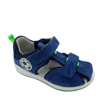 Load image into Gallery viewer, Blue children's sandal with green accents on a white background