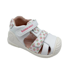 Load image into Gallery viewer, White children's sandal with floral strap on a white background