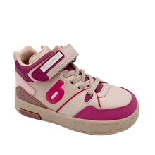 Load image into Gallery viewer, A pink and white biomechanic style high-top sneaker with elastic lace and velcro fastening, and a textile upper.