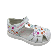 Load image into Gallery viewer, White children's sandal with colorful designs on a light gray background