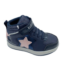 Load image into Gallery viewer, Navy blue high-top sneaker with a star design on a white background