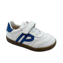 Load image into Gallery viewer, White children's shoe with blue accents on a white background