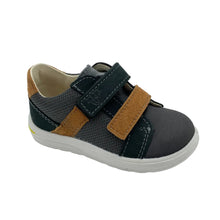 Load image into Gallery viewer, A toddler's two-hook shoe in dark gray mesh and suede, featuring dark green straps and tan accents, with a white sole.