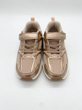Load image into Gallery viewer, A pair of children's sneakers in a metallic rose gold color, featuring mesh panels, elastic laces, and hook-and-loop straps, photographed from a top-down angle on a white background.