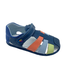 Load image into Gallery viewer, Colorful children's sandal with blue strap on a white background