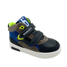 Load image into Gallery viewer, A toddler's high-top sneaker by biomechanics, featuring a color-blocked design in navy blue, brown, and royal blue, with bright neon yellow-green accents and a white sole.