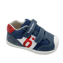 Load image into Gallery viewer, Navy blue children's shoe with red and white accents on a white background