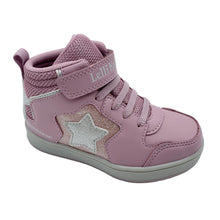 Load image into Gallery viewer, Pink high-top sneaker with a star design on a white background