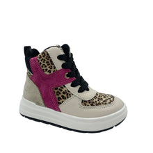 Load image into Gallery viewer, Primigi Birka Ankle Boot in taupe with animal print and pink color, featuring a lace-up closure and a hard wearing non-slip sole.