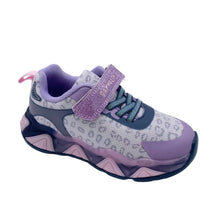 Load image into Gallery viewer, A children's sneaker in purple and lavender, featuring a patterned upper, a hook-and-loop strap closure, and a dark blue sole, shown on a white background.