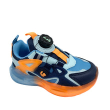 Load image into Gallery viewer, Navy and orange sneaker with a white sole on a light gray background