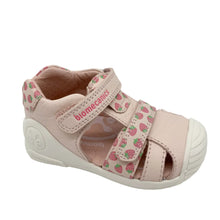 Load image into Gallery viewer, Pink children's sandal with strawberry pattern on a white background