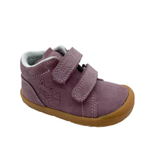 Load image into Gallery viewer, A single toddler's high-top shoe in dusty purple suede, featuring two hook-and-loop straps, a stitched fox graphic on the side, and a tan rubber sole, photographed on a light gray background.