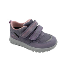 Load image into Gallery viewer, A toddler's lace-up sneaker in lavender purple with pink lining and gray sole, featuring two hook-and-loop straps.