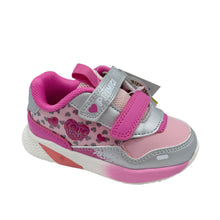 Load image into Gallery viewer, Pink and gray children's shoe with heart patterns on a white background