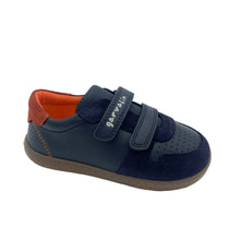 Load image into Gallery viewer, A navy blue Garvalin Barefoot Shoe with orange accents and double velcro straps, featuring a leather upper and lining, and a soft natural feeling sole.