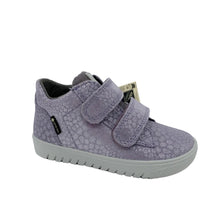 Load image into Gallery viewer, A single children's mid-top sneaker in lavender purple with a textured patterned upper, featuring two hook-and-loop straps and a gray sole, shown on a white background.
