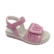 Load image into Gallery viewer, Pink children's sandal with butterfly design on a white background