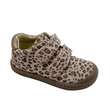 Load image into Gallery viewer, A single toddler's low-top shoe with a beige and brown leopard print upper, featuring two adjustable hook-and-loop straps and a brown sole, shown on a light gray background.