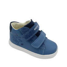 Load image into Gallery viewer, A navy blue and avio (light blue) Geox baby shoe with a leather upper and insole, featuring a non-slip sole.