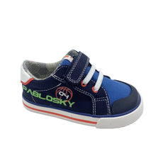 Load image into Gallery viewer, Blue children's sneaker with white and red accents on a white background