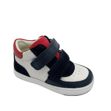 Load image into Gallery viewer, A pair of Geox Biglia sneakers for kids, featuring white leather uppers with navy accents and red details, including a red heel tab and Velcro straps.