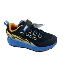 Load image into Gallery viewer, A kids' outdoor shoe from GORE-TEX, featuring a black mesh upper, a blue and yellow sole, and a hook-and-loop strap closure, shown on a white background.