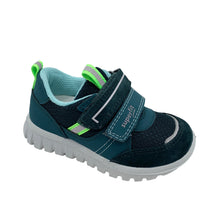 Load image into Gallery viewer, Navy blue children's shoe with green accents on a white background