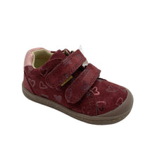 Load image into Gallery viewer, A toddler's burgundy suede shoe with a heart pattern, featuring two hook-and-loop straps and a brown sole, photographed on a white background.