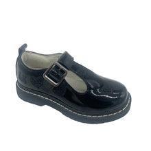 Load image into Gallery viewer, A single black patent leather Mary Jane school shoe with a buckle strap and decorative heart pattern on the side, shown against a plain white background.