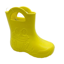 Load image into Gallery viewer, Yellow rain boot with a cartoon frog design on a white background