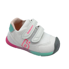 Load image into Gallery viewer, White children's shoe with pink and green accents on a light gray background