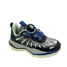 Load image into Gallery viewer, Black and blue sneaker with transparent sole on a white background