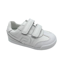 Load image into Gallery viewer, A white toddler sneaker with two hook-and-loop straps, shown from a side profile on a light gray background.