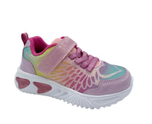 Load image into Gallery viewer, A pink and multicolor Geox Assister Lights Trainer with a light-up feature and a rainbow effect on a white background.