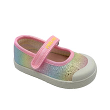 Load image into Gallery viewer, Children's shoe with a colorful glittery sole and pink strap on a white background