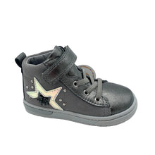 Load image into Gallery viewer, A single toddler's high-top sneaker in metallic dark gray, featuring a large iridescent star patch on the side, gray laces, and a gray sole, photographed on a light gray background.