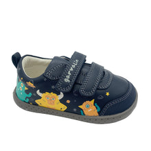 Load image into Gallery viewer, A pair of children's barefoot style shoes with a blue leather upper, decorated with colorful monster and star patterns, and a rubber toe guard.