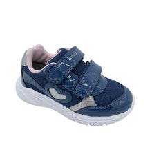 Load image into Gallery viewer, Navy blue children's shoe with heart design on a white background