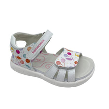 Load image into Gallery viewer, Gray sandal with colorful design on a white background