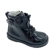 Load image into Gallery viewer, Black patent leather boot with floral details on a white background
