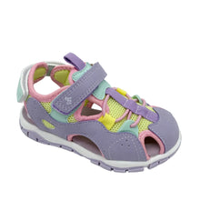 Load image into Gallery viewer, Children's sandal with purple straps on a white background