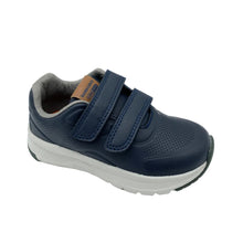 Load image into Gallery viewer, A navy blue toddler sneaker with two hook-and-loop straps, a gray interior lining, and a white midsole, shown on a light gray background.