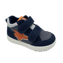 Load image into Gallery viewer, A toddler's three-piece velcro shoe in navy blue suede and mesh with orange accents, featuring a white sole, photographed on a light gray studio background.