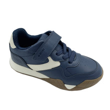 Load image into Gallery viewer, Navy blue children's sneaker with white accents on a light gray background