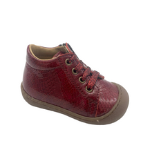 Load image into Gallery viewer, A red patent leather ankle boot with croc skin finish, featuring a lace-up closure and a non-slip rubber sole.