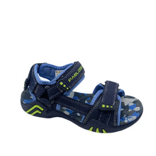Load image into Gallery viewer, Blue and gray sandal with green accents on a white background
